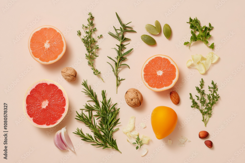 Fresh grapefruit, herbs, nuts, and garlic create vibrant and healthy arrangement. This colorful display showcases beauty of natural ingredients, perfect for culinary inspiration Fresh grapefruit, herbs, nuts, and garlic create vibrant and healthy arrangement. This colorful display showcases beauty of natural ingredients, perfect for culinary inspiration