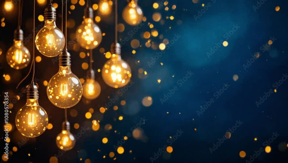 light bulbs on blue background with golden lights. Christmas and New Year concept. Celebrating winter holiday. Motion animation. light bulbs on blue background with golden lights. Christmas and New Year concept. Celebrating winter holiday. Motion animation.
