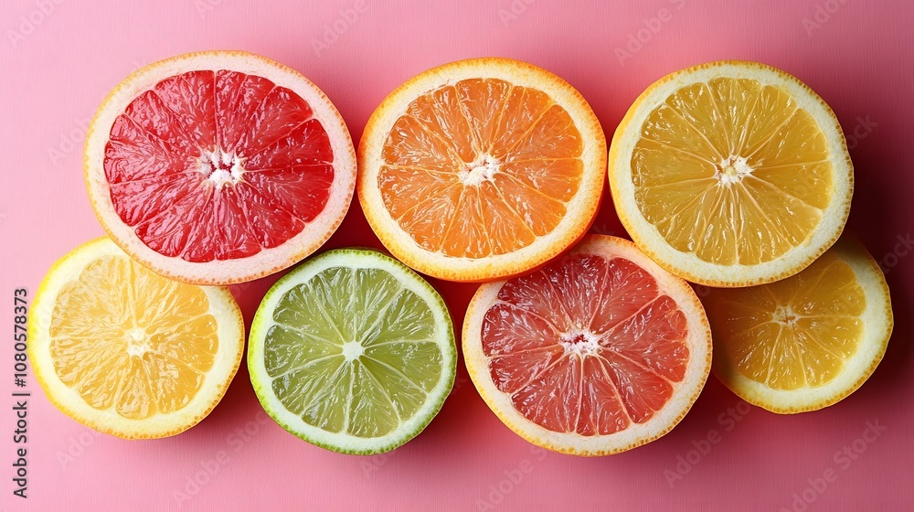 Artistic flat lay arrangement of fresh citrus slices including grapefruit, orange, lemon, and lime, styled minimally against pink background with vibrant colors. Artistic flat lay arrangement of fresh citrus slices including grapefruit, orange, lemon, and lime, styled minimally against pink background with vibrant colors.