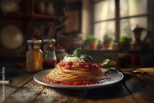 spaghetti bolognese, al dente spaghetti, rich marinara sauce, aromatic basil, grated Parmesan, with soft window lighting, in a rustic Italian kitchen
