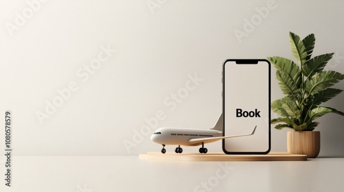 Booking travel phone screen with airplane and book label minimalist setup home office clean aesthetic