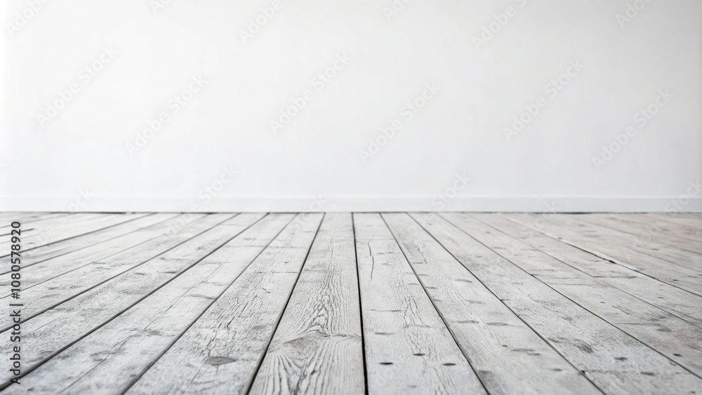 Fototapeta premium Soft focus of white grey wooden floor with scattered wooden floorboards, cozy atmosphere, subtle color tones, scattered boards