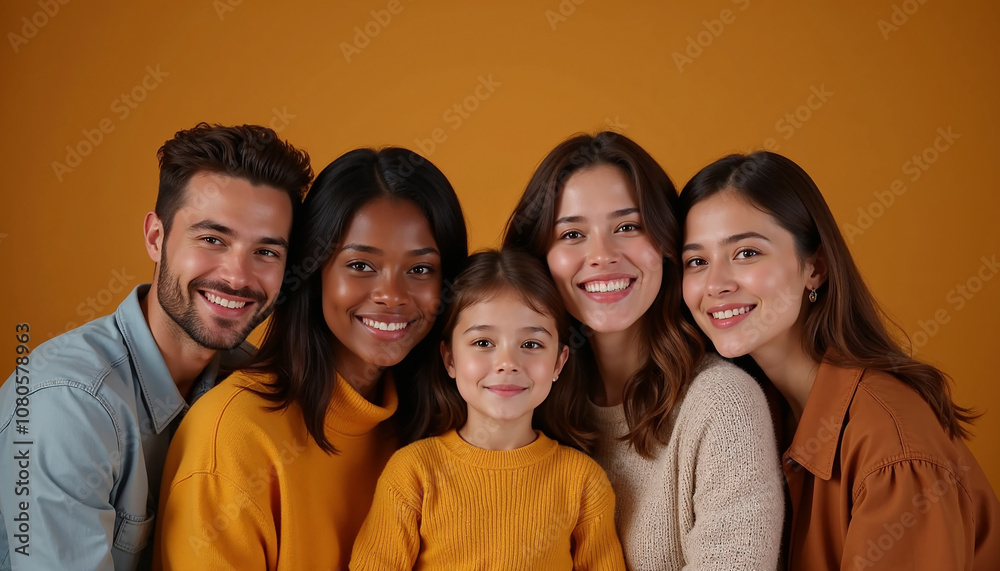 Fototapeta premium Diverse family group with smiling faces, joyful mood, unity, warm orange background