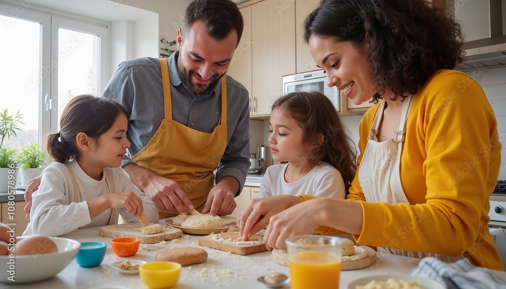 Diverse family baking together in a kitchen, cheerful mood, delicious homemade treats Diverse family baking together in a kitchen, cheerful mood, delicious homemade treats