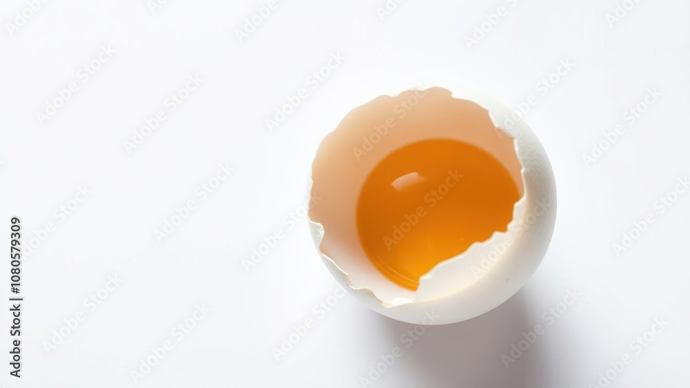 A fragile egg, partially cracked open, reveals a bright and sunny yellow yolk against the clean white of its shell, white background, egg fragment, close-up photography A fragile egg, partially cracked open, reveals a bright and sunny yellow yolk against the clean white of its shell, white background, egg fragment, close-up photography