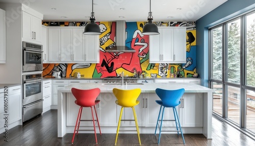 Vibrant pop art kitchen design modern home interior photography cheerful ambiance wide-angle view contemporary concept for creative spaces