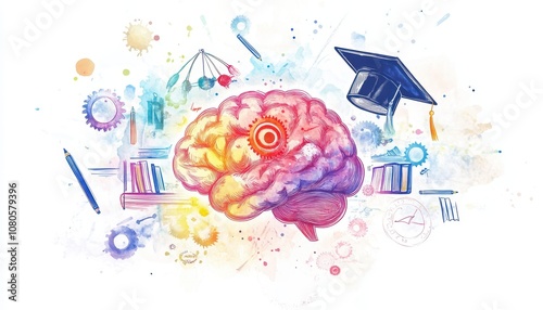 Creative watercolor illustration of a brain with educational elements artistic concept abstract environment inspirational viewpoint