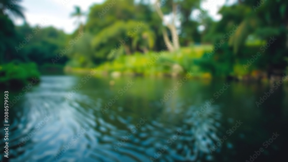 Blurred image of a lake or river surrounded by lush vegetation and trees, creating a sense of depth and mystery, serene, peacefulness Blurred image of a lake or river surrounded by lush vegetation and trees, creating a sense of depth and mystery, serene, peacefulness