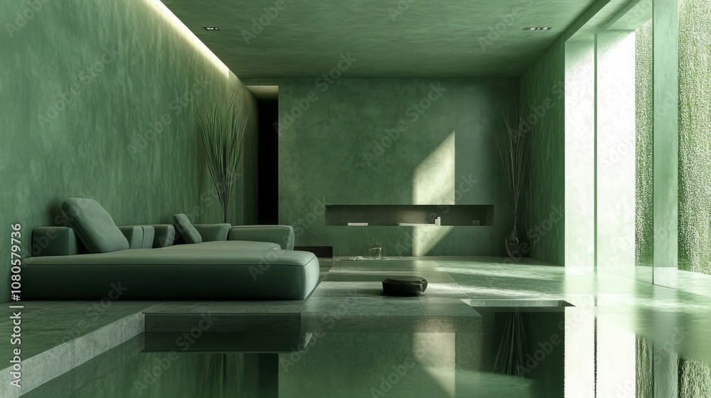 Minimalist Green Interior Design with Pool and Lounge Seating