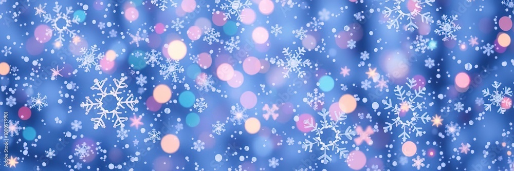 Icy winter scene with colorful sparkling snowflakes, shimmering snow, frosty evening Icy winter scene with colorful sparkling snowflakes, shimmering snow, frosty evening