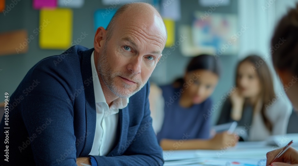 Fototapeta premium Male mature caucasian ceo businessman leader with diverse coworkers team, executive managers group at meeting. Multicultural professional businesspeople working together on research plan in boardroom.