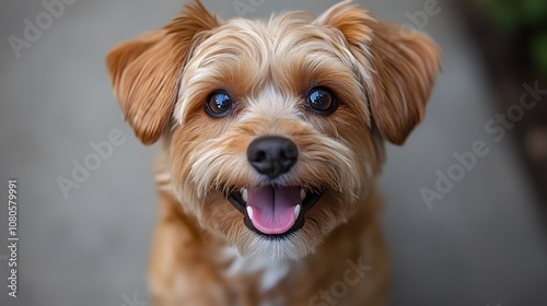 A small dog with a big smile on its face. The dog is brown and white. It is looking at the camera and it is happy