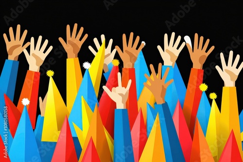 A colorful illustration of hands raised in celebration, adorned with bright party hats, set against a dark background.