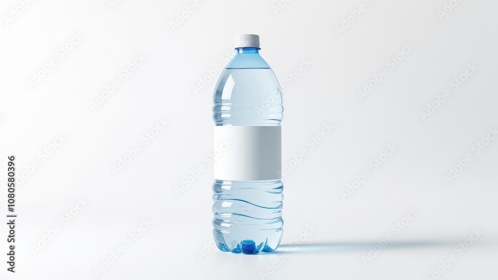 Elegant clear water bottle mockup with visible water inside, blank label, and soft shadows on a white background. Elegant clear water bottle mockup with visible water inside, blank label, and soft shadows on a white background.