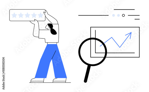 Woman holding star rating placard, magnifying glass examining upward trend on chart. Ideal for customer reviews, feedback analysis, business growth, performance metrics, data analysis, quality