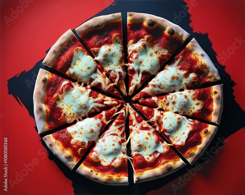 A delicious pepperoni pizza topped with melted cheese on a vibrant red background, showcasing the fresh ingredients and inviting presentation photo