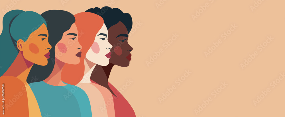 Banner women of different cultures and nationalities stand side by side on beige background. Concept of movement for gender equality and women empowerment. Women's day. Vector creative banner Banner women of different cultures and nationalities stand side by side on beige background. Concept of movement for gender equality and women empowerment. Women's day. Vector creative banner