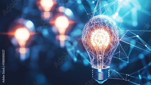 Abstract design of interconnected human profiles with gear-filled lightbulbs, symbolizing the power of collective ideas and strategic partnership. Perfect for themes on intellectua photo