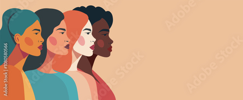 Banner women of different cultures and nationalities stand side by side on beige background. Concept of movement for gender equality and women empowerment. Women's day. Vector creative banner