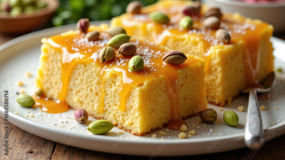 Delicious Kunafa dessert with syrup and nuts on a plate. Delicious Kunafa dessert with syrup and nuts on a plate.