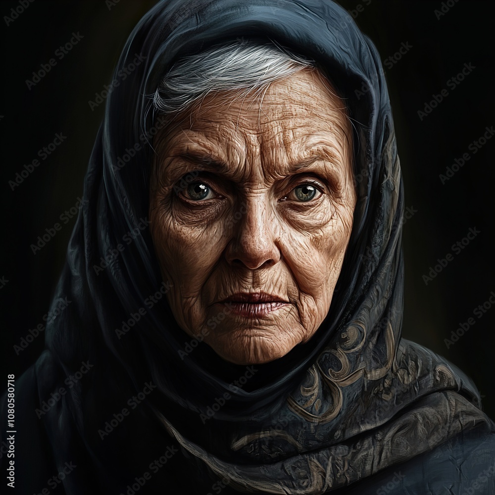 Intense Gaze: Portrait of an Elderly Woman with a Headscarf Intense Gaze: Portrait of an Elderly Woman with a Headscarf