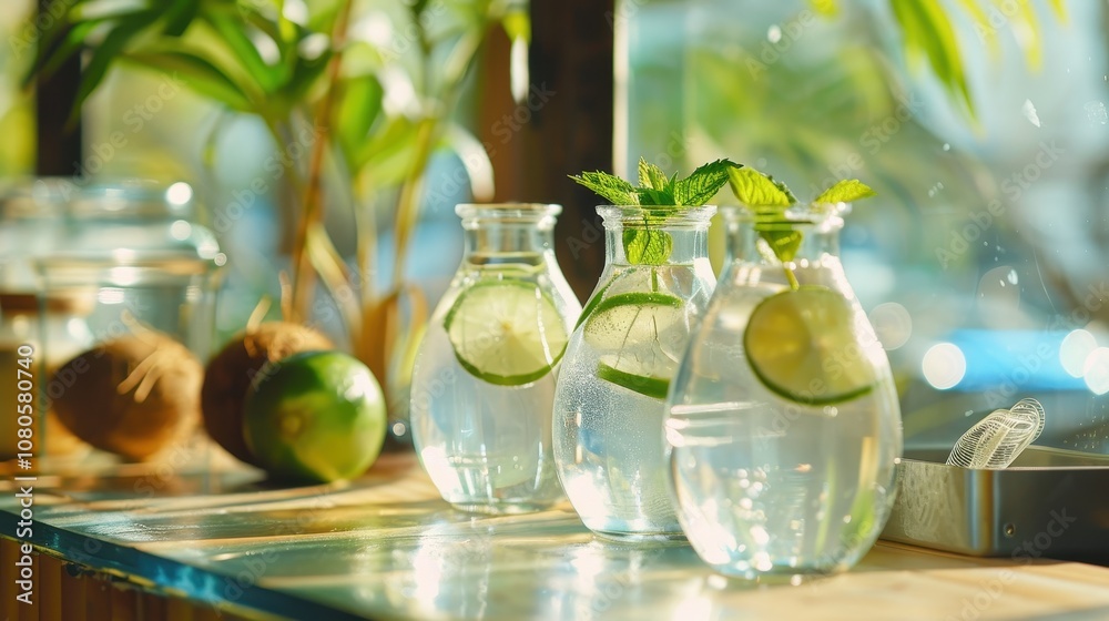 Refreshing summer drink preparation with coconut water and mint garnish indoor café setting beverage photography natural light aesthetic presentation Refreshing summer drink preparation with coconut water and mint garnish indoor café setting beverage photography natural light aesthetic presentation
