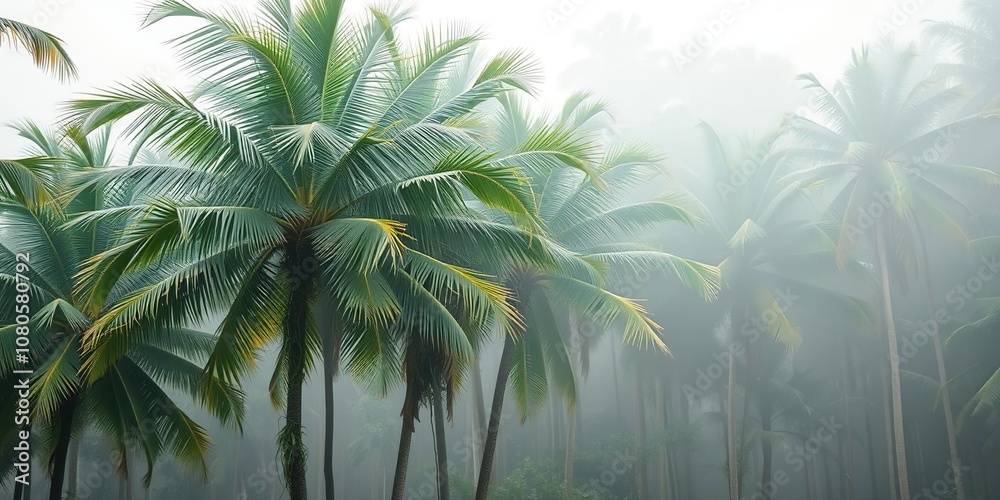 A cluster of swaying palm trees in a misty tropical forest with vines and creepers crawling up their trunks, swaying palms, misty atmosphere, overgrown landscape A cluster of swaying palm trees in a misty tropical forest with vines and creepers crawling up their trunks, swaying palms, misty atmosphere, overgrown landscape