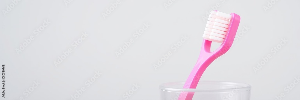 Close-up of a bright pink plastic toothbrush standing upright in a cup, hygiene products, plastic Close-up of a bright pink plastic toothbrush standing upright in a cup, hygiene products, plastic