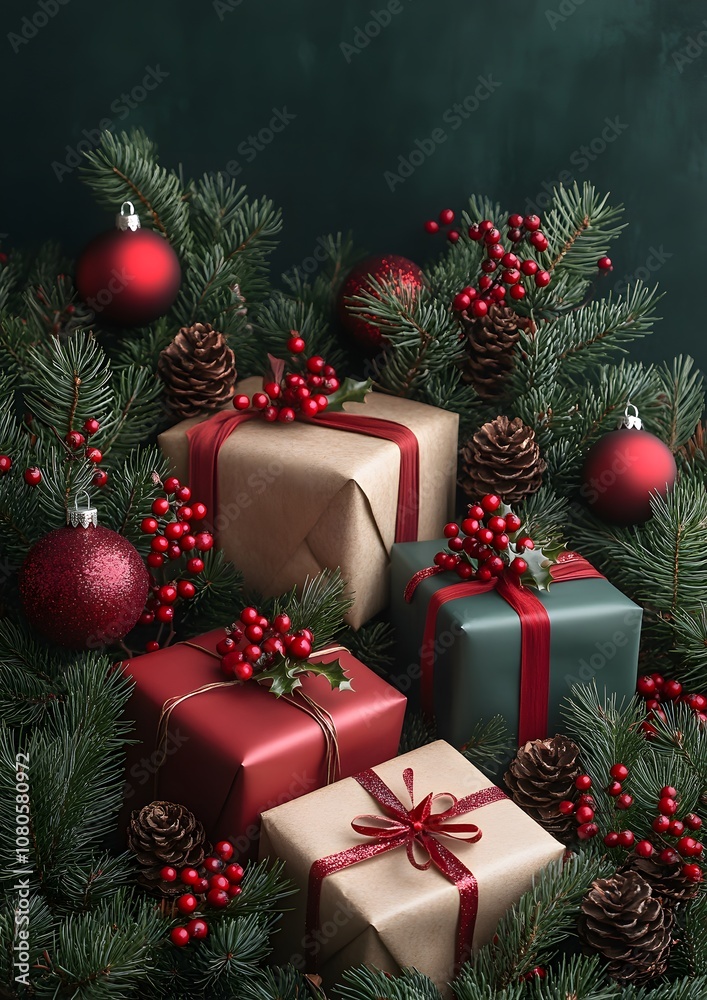 A stack of presents is surrounded by red berries and pine cones. The presents are wrapped in brown paper and are placed on top of each other. Concept of warmth and joy A stack of presents is surrounded by red berries and pine cones. The presents are wrapped in brown paper and are placed on top of each other. Concept of warmth and joy