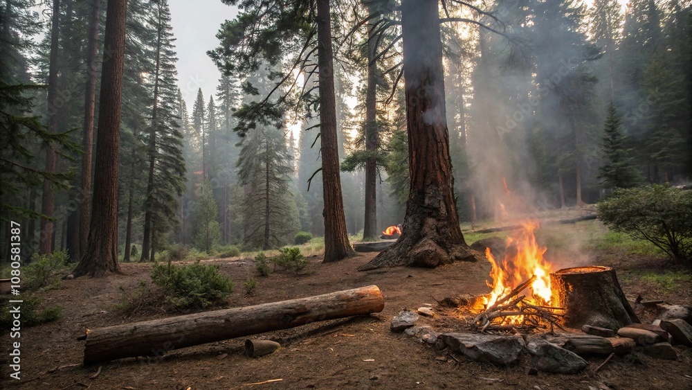 In the center of a clearing stands an oak fire pit surrounded by tall trees, with flames and swirling smoke rising from a large branch that's been split and set ablaze, flames, forest floor In the center of a clearing stands an oak fire pit surrounded by tall trees, with flames and swirling smoke rising from a large branch that's been split and set ablaze, flames, forest floor