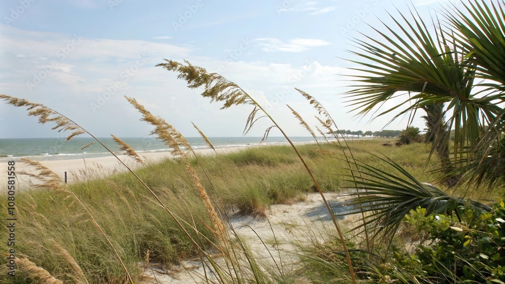 Palm fronds and beach grasses rustling in the ocean wind, island, palm fronds, sand, getaway Palm fronds and beach grasses rustling in the ocean wind, island, palm fronds, sand, getaway
