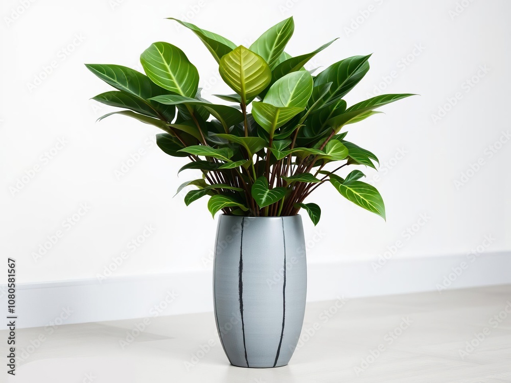 Philodendron stems and leaves in a sleek gray vase with black stripes, placed on a floor or table, creating a striking centerpiece, greenery, gray vase, home decor Philodendron stems and leaves in a sleek gray vase with black stripes, placed on a floor or table, creating a striking centerpiece, greenery, gray vase, home decor