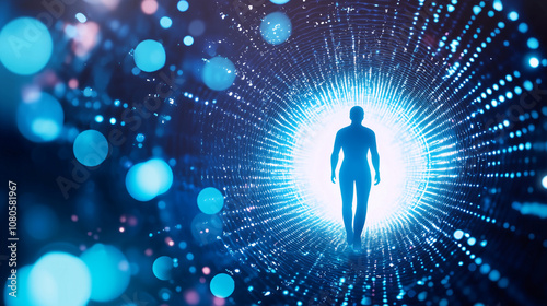 A silhouetted sci-fi character walking through a portal, bathed in blue light and surrounded by digital fog, representing the journey into the unknown. Suitable for content on inno photo