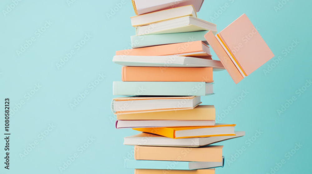 Colorful stacked books create vibrant and inviting atmosphere, perfect for book lovers and students alike. playful arrangement adds touch of creativity to any space Colorful stacked books create vibrant and inviting atmosphere, perfect for book lovers and students alike. playful arrangement adds touch of creativity to any space
