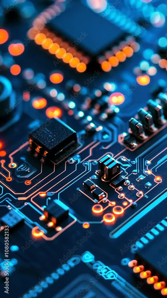 A close-up view of a circuit board with glowing orange lights, highlighting the intricate pathways and components A close-up view of a circuit board with glowing orange lights, highlighting the intricate pathways and components