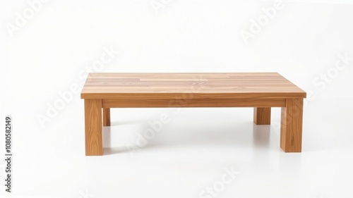 A solitary wooden table with a simple, clean design sits on a plain white surface, its surface reflecting the light around it, solitude, monochromatic background