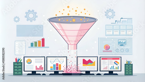 Analytics reveal trends in the dataset. statistics A digital illustration of a funnel symbolizing data analysis, with various graphs displayed on multiple screens, representing the process o