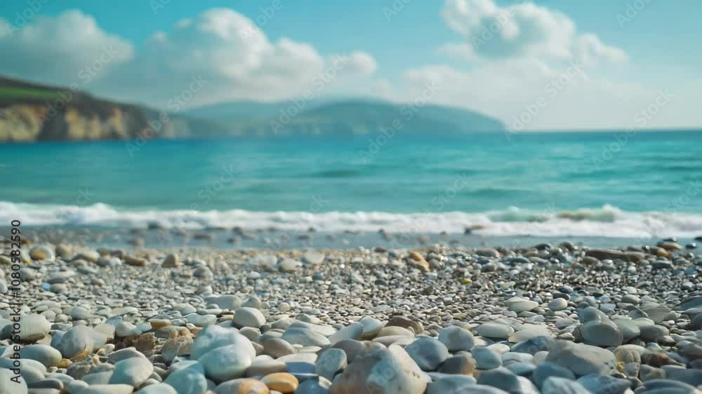 This tranquil beach scene features smooth pebbles and calm waves. The blue sky creates a serene atmosphere, perfect for relaxation and reflection. This tranquil beach scene features smooth pebbles and calm waves. The blue sky creates a serene atmosphere, perfect for relaxation and reflection.