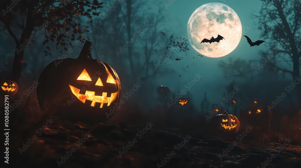 Fototapeta premium Spooky Halloween Night with Glowing Jack-o'-Lanterns, Full Moon, and Bats in Haunted Forest