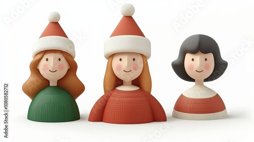 Three cheerful, cartoon-style figures wearing festive Christmas hats and colorful sweaters, embodying a joyful holiday spirit.
