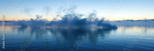 Misty indigo smoke gently floating on a calm still lake surface at dusk, serenity, mist, twilight