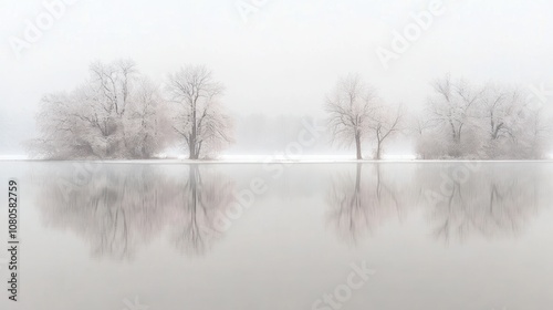 Three bare trees stand on a frozen lake reflected in the still water under a misty sky.