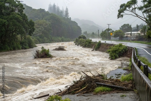 Torrential downpour causes Wairua stream to swell with debris laden floodwater, stormy weather, heavy rain photo