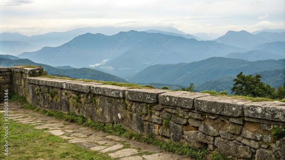 Weathered stone wall with scenic mountain backdrop, vast, outdoor Weathered stone wall with scenic mountain backdrop, vast, outdoor
