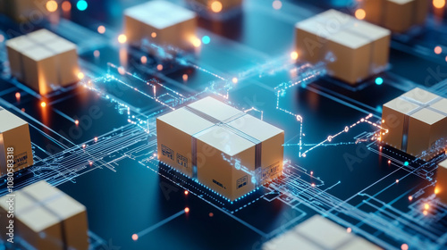 Digital technology and logistics converge in this vibrant image showcasing interconnected packages on network. glowing lines symbolize data flow, emphasizing modern supply chain dynamics