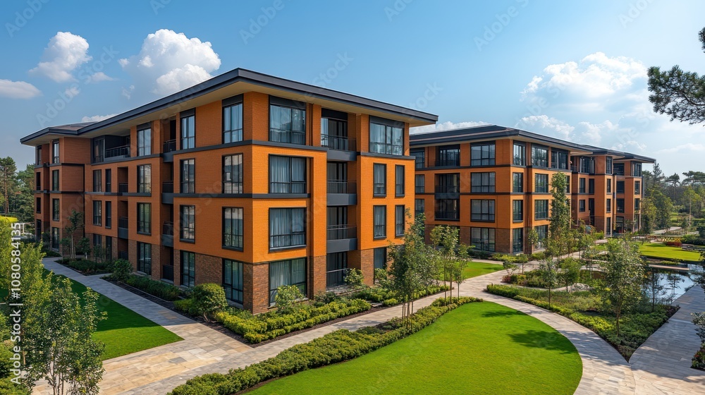 Obraz premium Modern apartment complex with landscaped gardens and pathways.