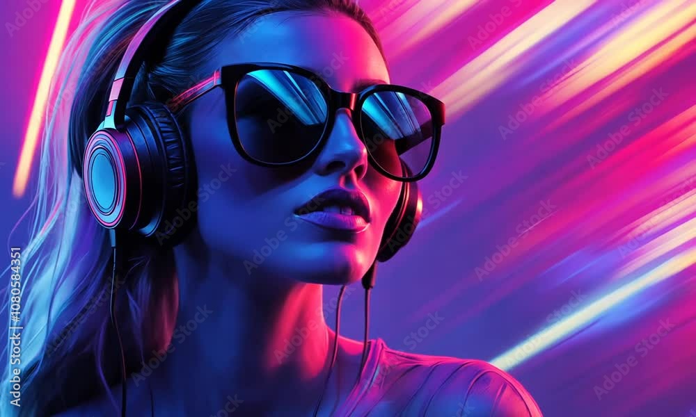 Woman with headphones and sunglasses in vibrant pink and blue lighting Woman with headphones and sunglasses in vibrant pink and blue lighting
