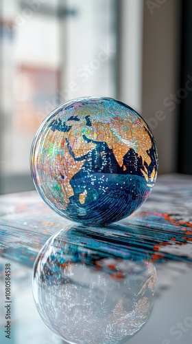 A colorful globe reflects world connections and grids, symbolizing global communication and technology's role in bringing world cultures closer. photo