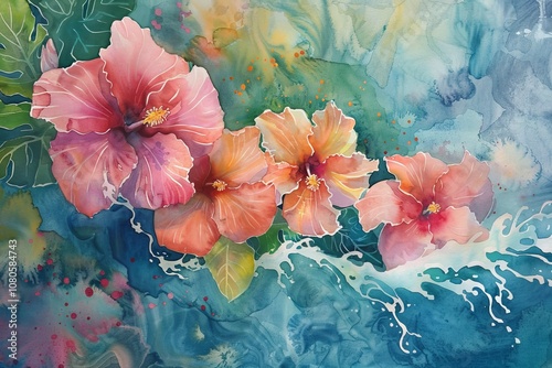 Wallpaper Mural A painting of a group of pink and orange flowers with a blue background. The flowers are arranged in a row, with the pink ones in the middle and the orange ones on the right Torontodigital.ca