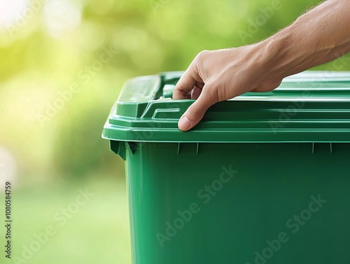 A person gently closing a green recycling bin lid outdoors, promoting sustainable waste management.